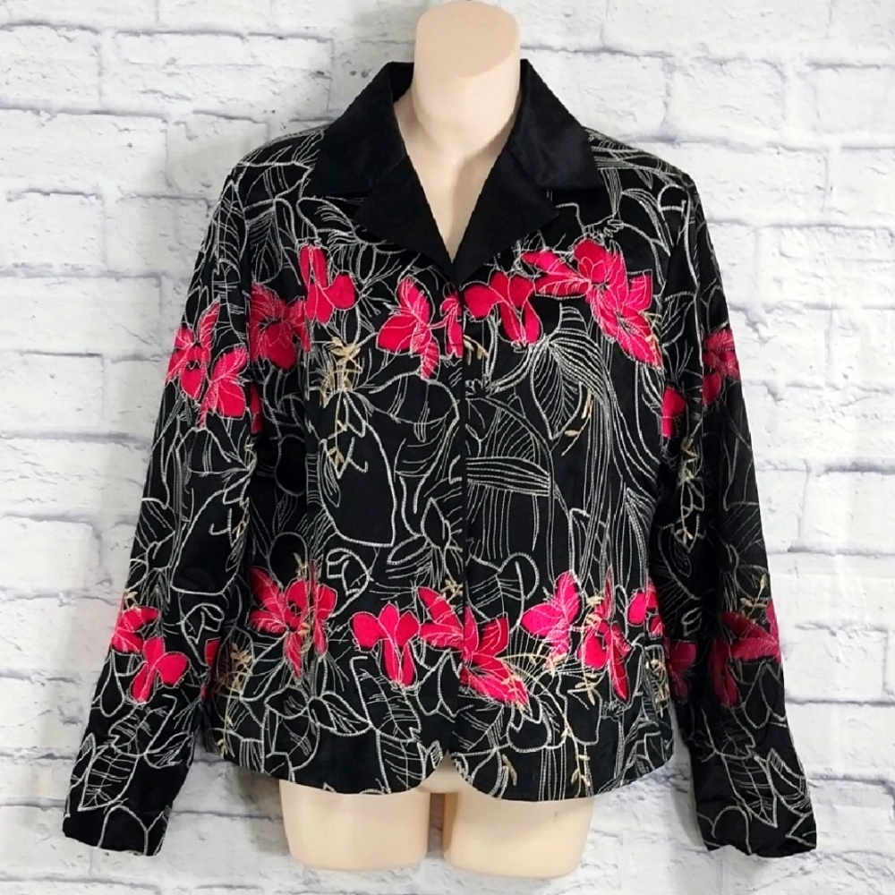 🔵BOGO FREE🔵 Chico's Blazer Jacket  Embroidered Floral Stitched Sz 2 Large